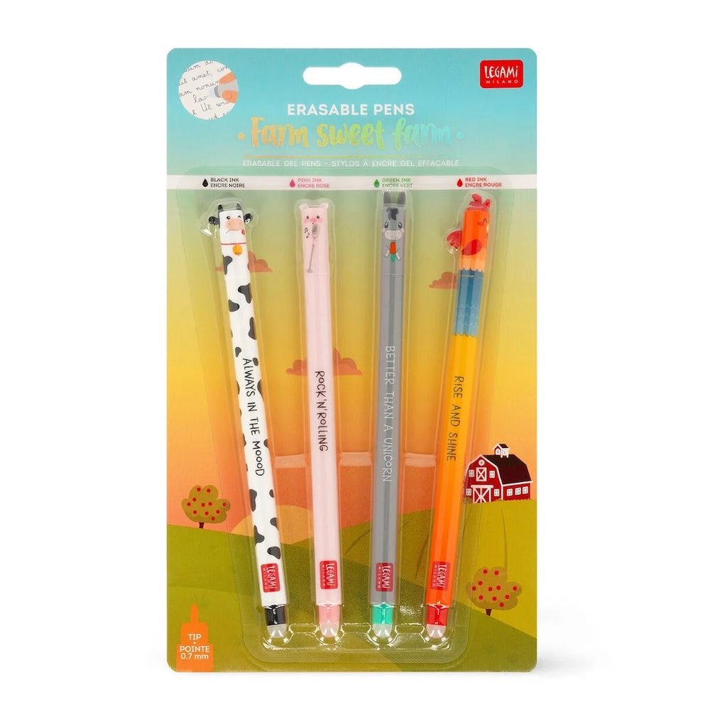 photo packshot du lot de 4 stylos gel effaçables en forme de vache, de cochon, d'âne et de coq aux encres noires, roses, vertes et rouge et à la pointe 0,7mm legami