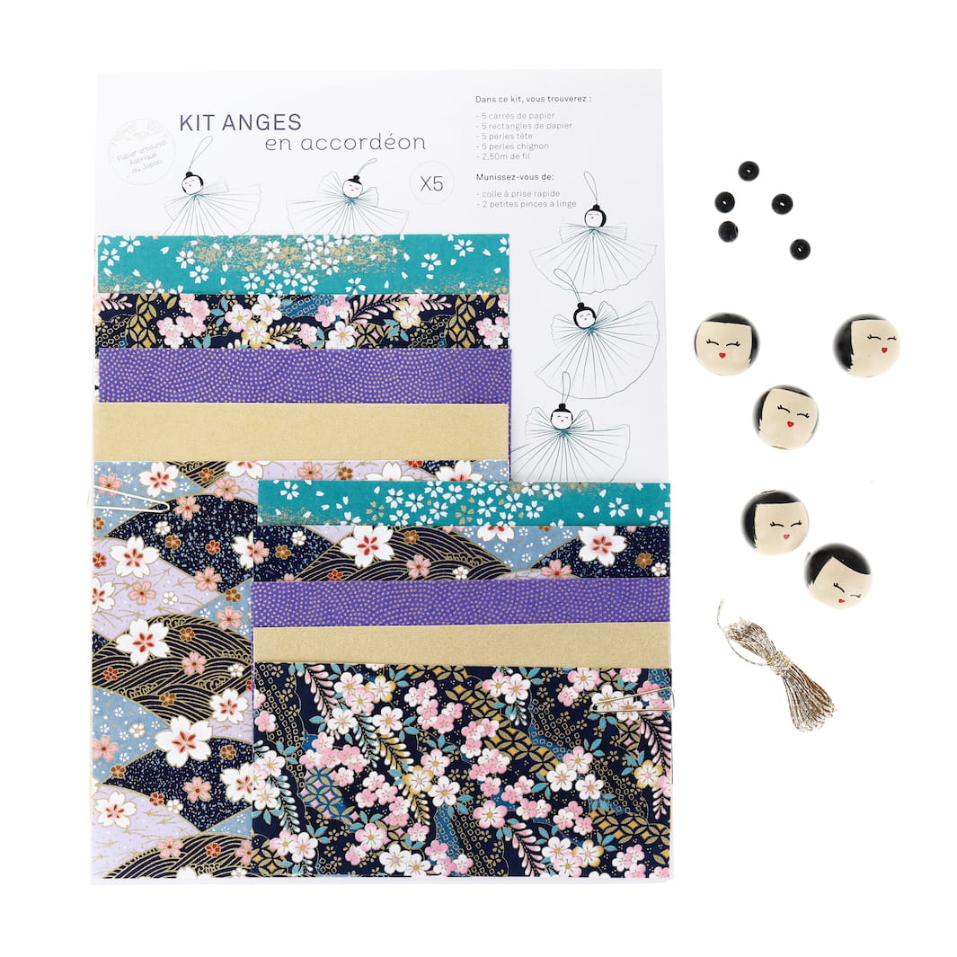 photo packshot du packaging et du matériel du kit anges accordéon bleu canard, bleu marine, violets et dorés « nocturne » adeline klam