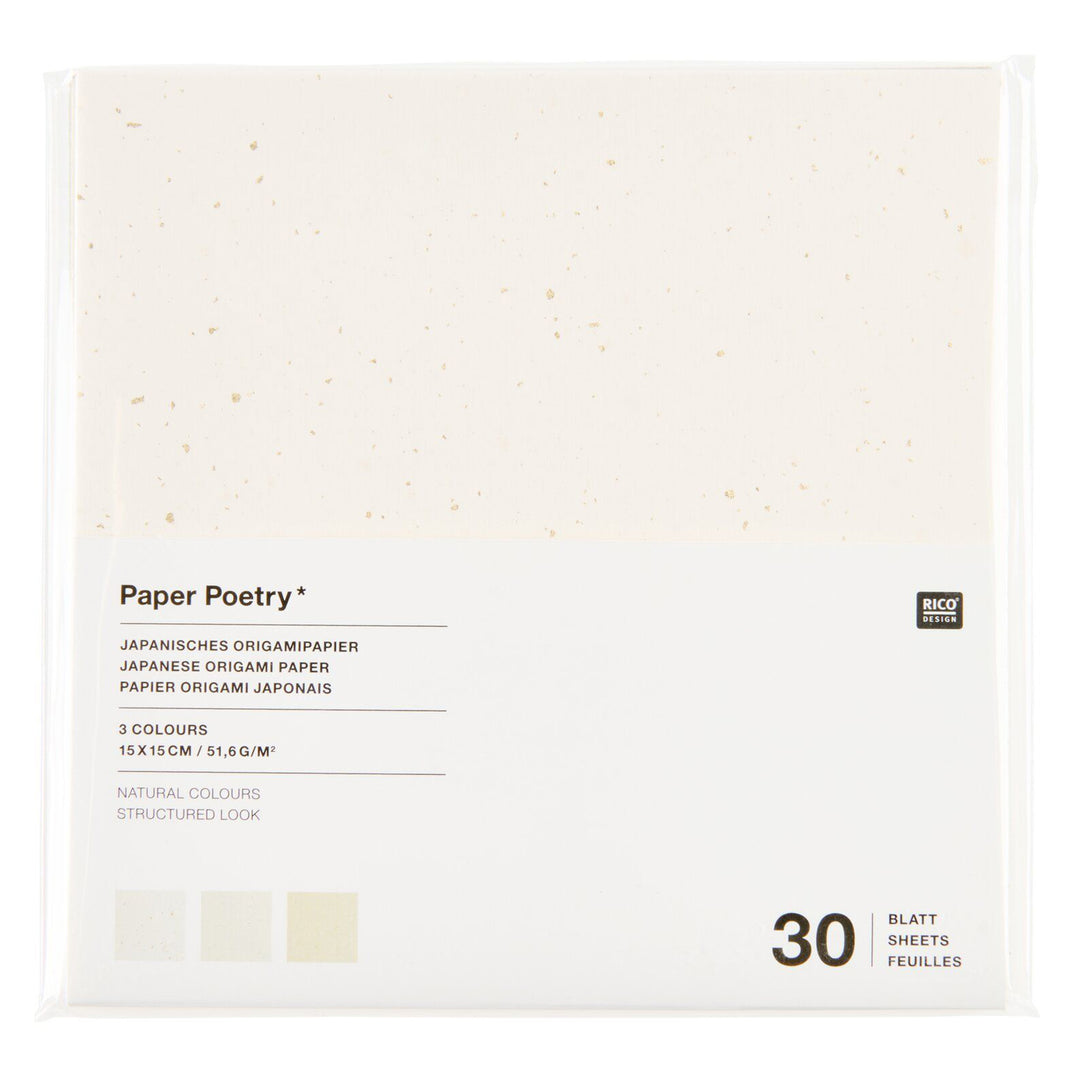 photo packshot du packaging du set de 30 papiers origami unis mouchetés blancs, beiges et ivoires de 15cm par 15cm rico design