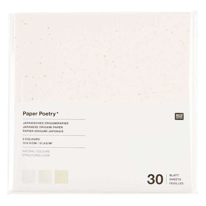 photo packshot du packaging du set de 30 papiers origami unis mouchetés blancs, beiges et ivoires de 15cm par 15cm rico design