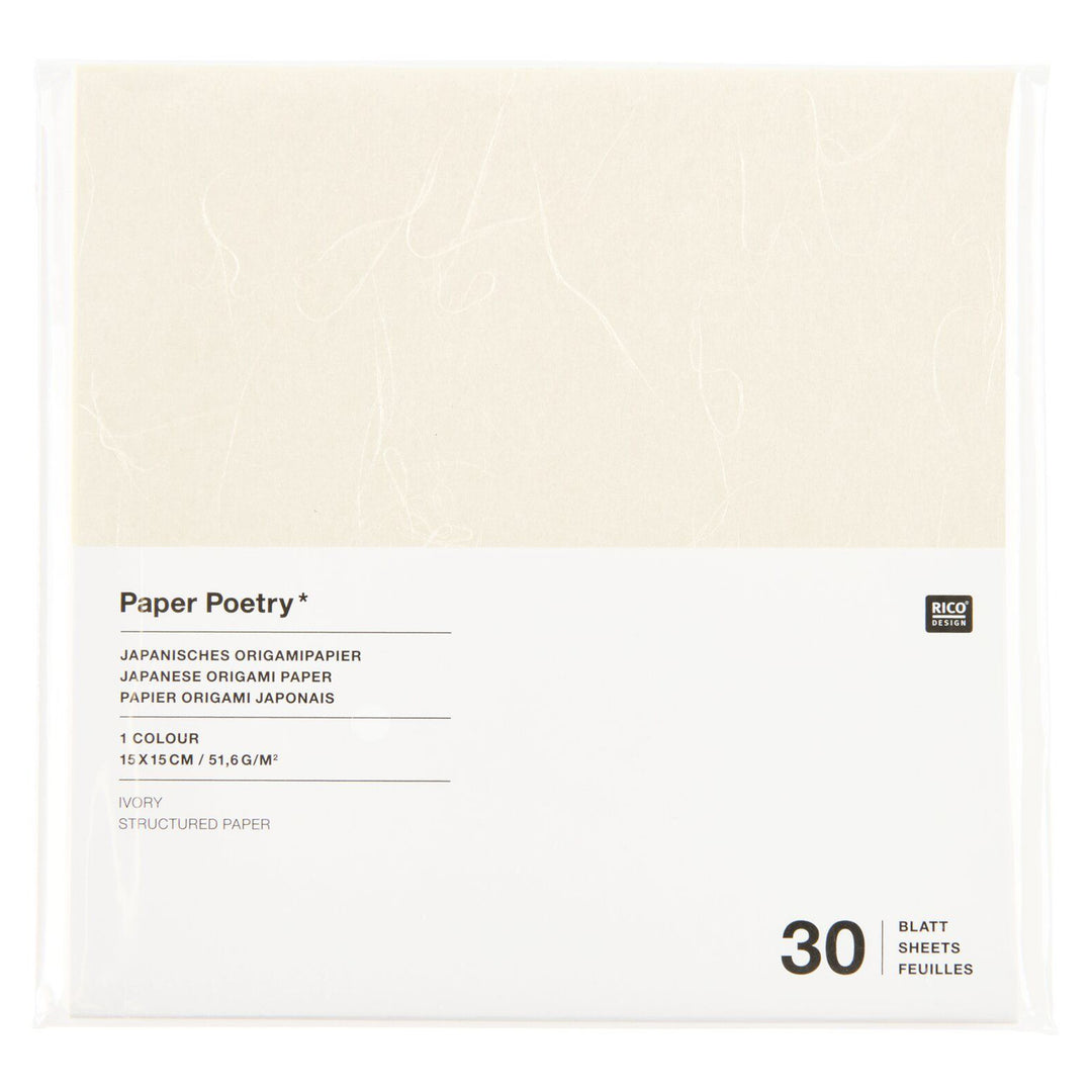 photo packshot du packaging du set de 30 papiers origami unis texturés façon unryu ivoire de 15cm par 15cm rico design
