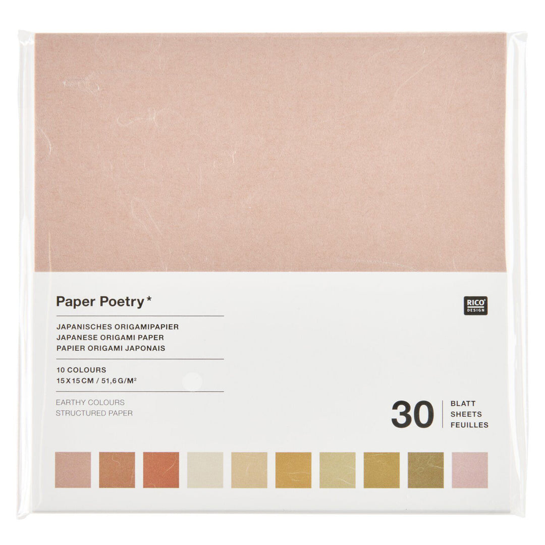 photo packshot du packaging du set de 30 papiers origami unis texturés façon unryu  dans des tons naturels et terreuxde 15cm par 15cm rico design
