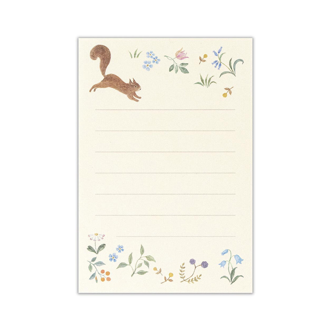photo packshot du papier à lettre du mini set de 10 papiers à lettre et 5 enveloppes jaune aux motifs d'écureuil et de fleurs de nb bo., ltd. japan