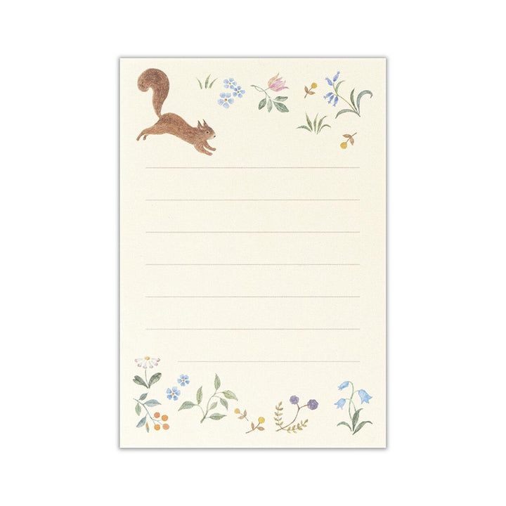 photo packshot du papier à lettre du mini set de 10 papiers à lettre et 5 enveloppes jaune aux motifs d'écureuil et de fleurs de nb bo., ltd. japan