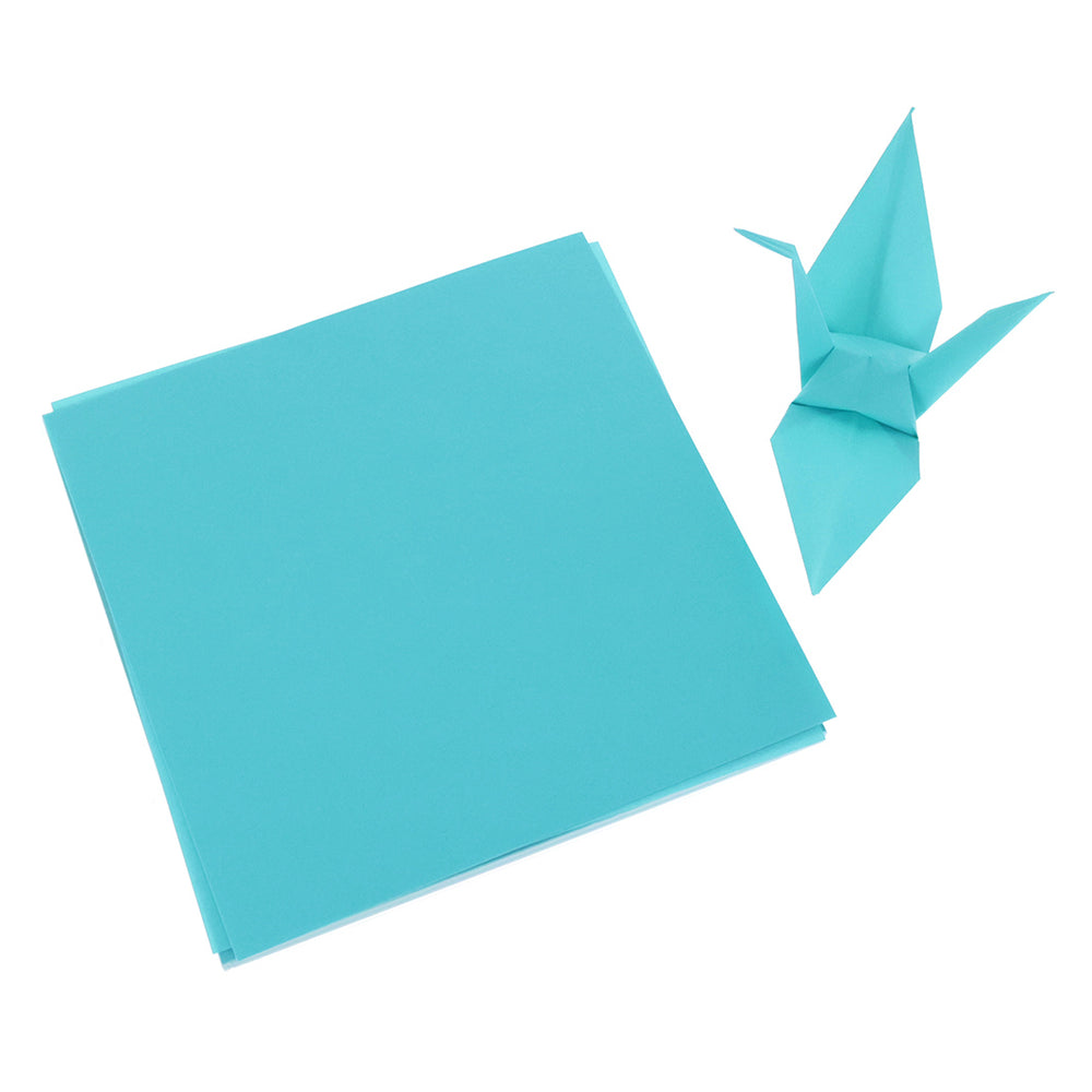 photo packshot des papiers et d'une grue montée du set de 100 papiers origami unis bleu turquoise toyo