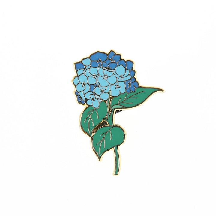 photo packshot du pin's en forme de brin d'hortensia bleu et vert