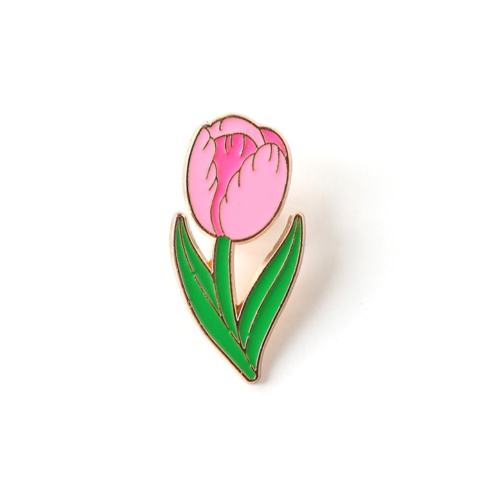 photo packshot du pin's en forme de tulipe rose clair et moyen, verte et dorée