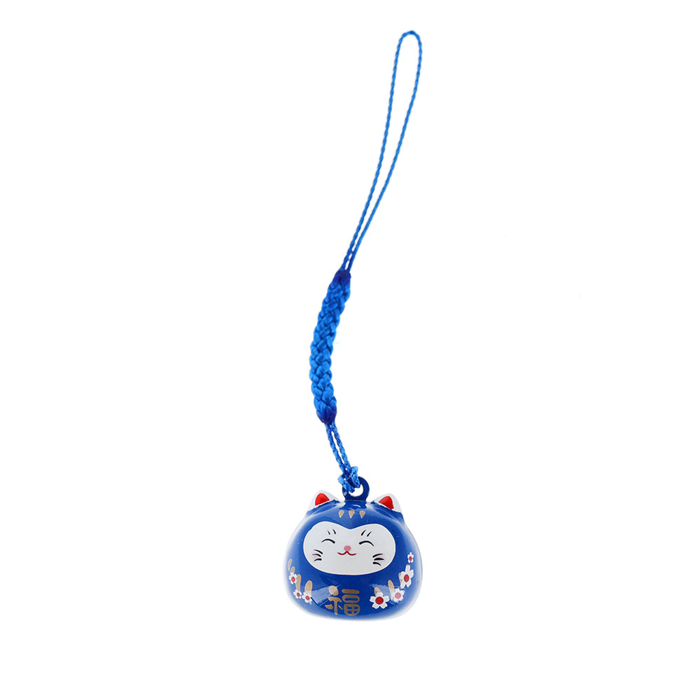 photo packshot d'un porte-clefs en forme de daruma et de chat de couleur bleu roi