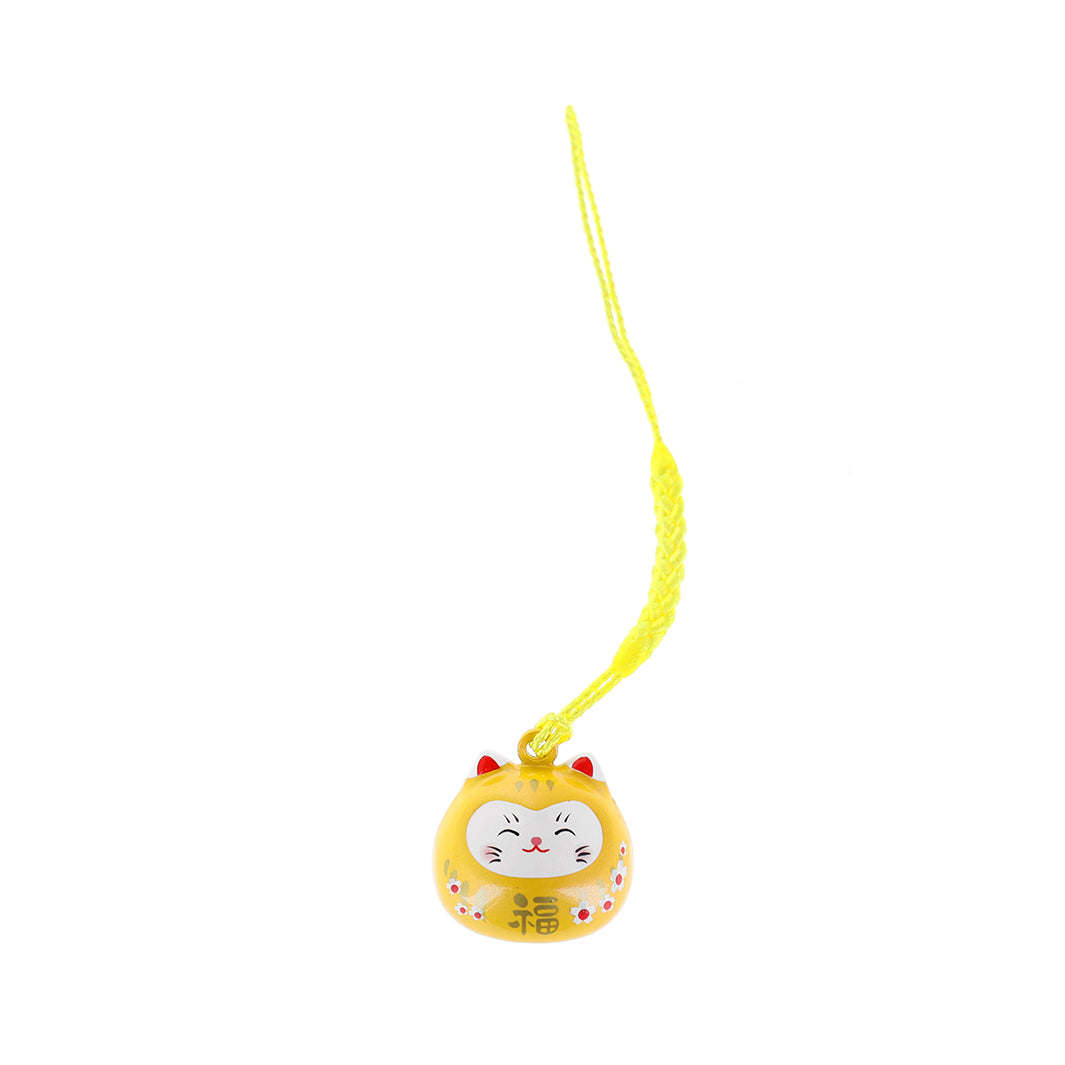 photo packshot d'un porte-clefs en forme de daruma et de chat de couleur jaune