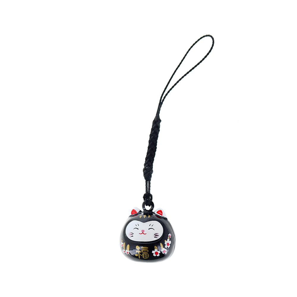 photo packshot d'un porte-clefs en forme de daruma et de chat de couleur noir