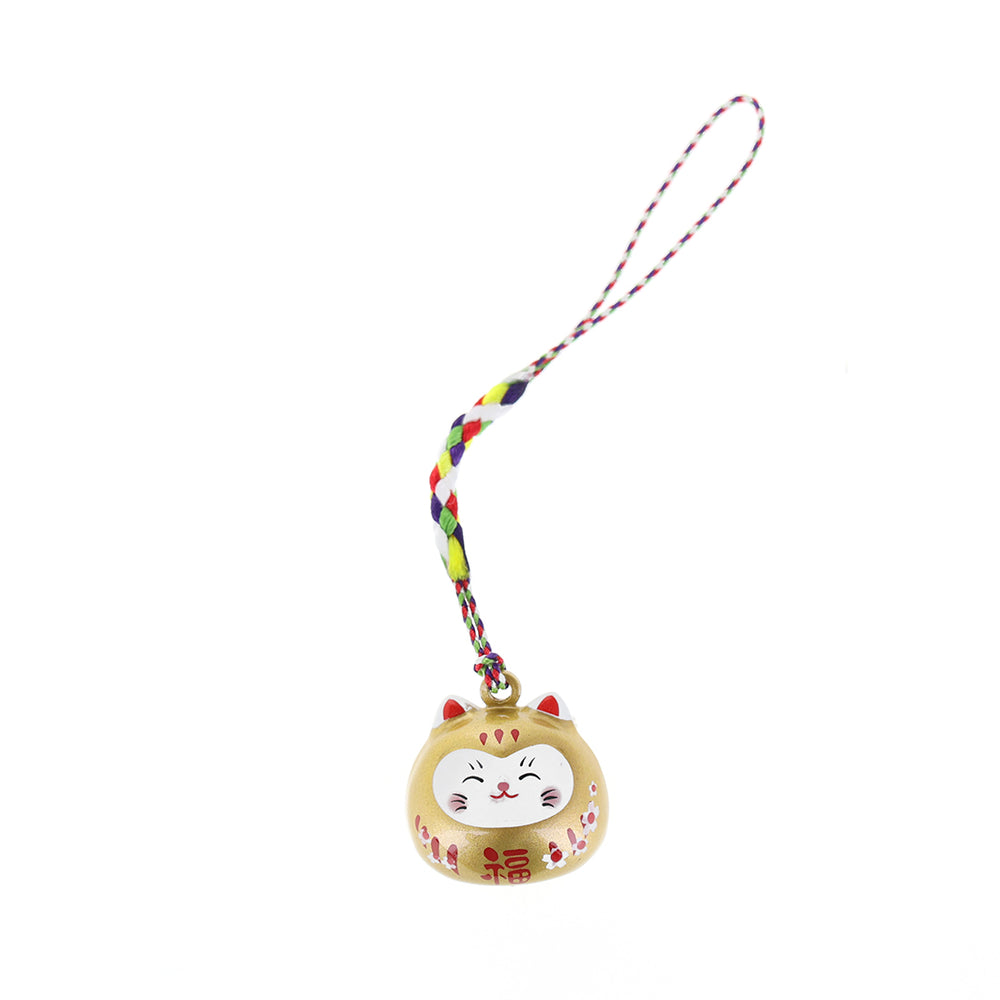 photo packshot d'un porte-clefs en forme de daruma et de chat de couleur or