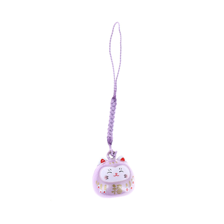 photo packshot d'un porte-clefs en forme de daruma et de chat de couleur violet lilas nacré