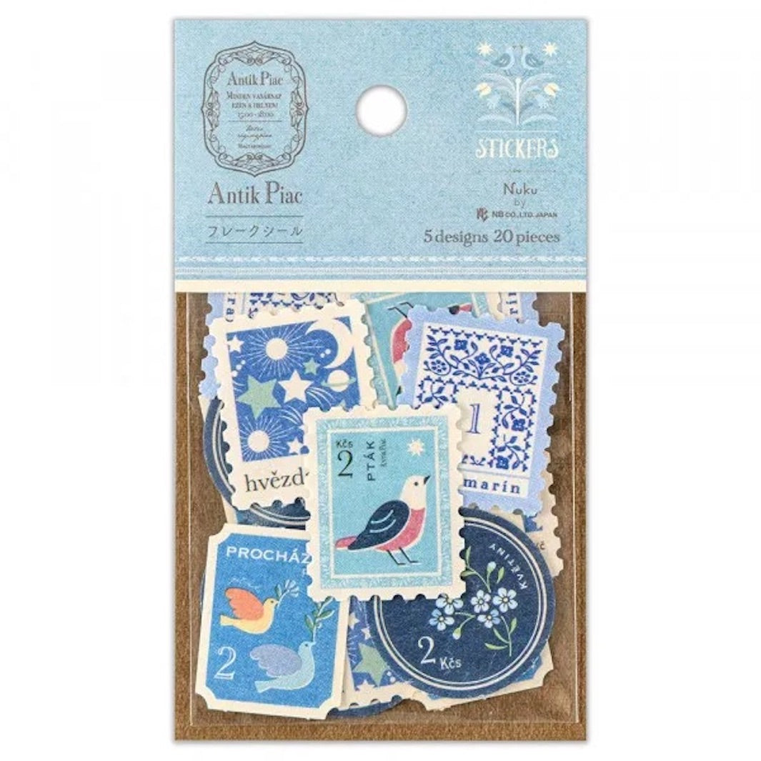 photo packshot recto du packaging du lot de 20 stickers en forme de timbres vintages bleus de nb bo., ltd. japan