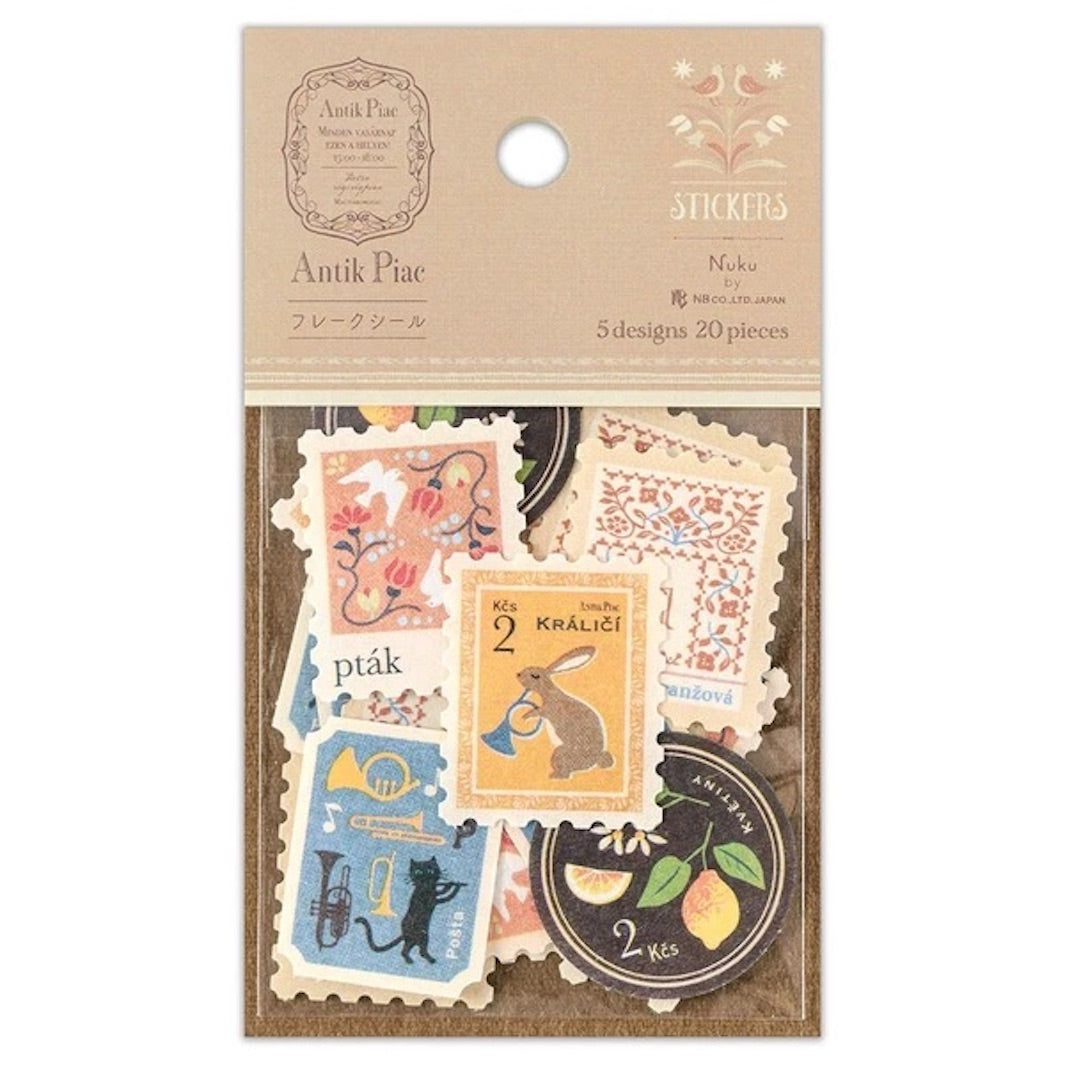 photo packshot recto du packaging du lot de 20 stickers en forme de timbres vintages jaunes de nb bo., ltd. japan