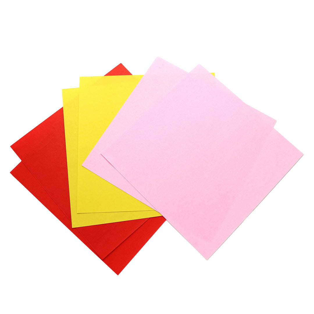 photo packshot du recto des papiers du set de 6 papiers origami unis texturés façon unryu et bicolore rouge, jaune et rose de 25cm par 25cm koma