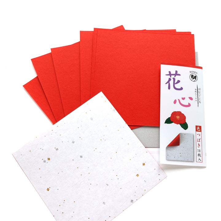 photo packshot du recto et du verso des papiers du set de 30 papiers origami unis texturés façon unryu et bicolore rouge de 15cm par 15cm koma