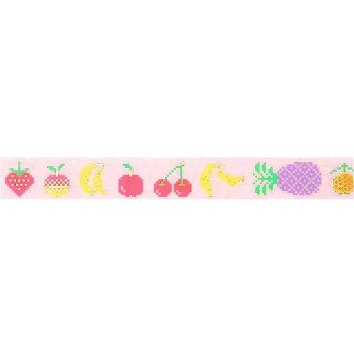photo packshot du ruban adhésif décoratif déroulé aux motifs de multifruits pixellisés roses, jaunes, verts et dorés de la marque rico design