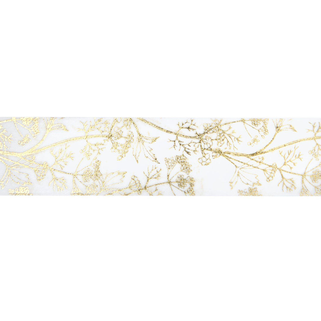 photo packshot du rouleau déroulé du ruban adhésif décoratif aux motifs de fleurs d'angélique dorées sur fond blanc de la marque rico design
