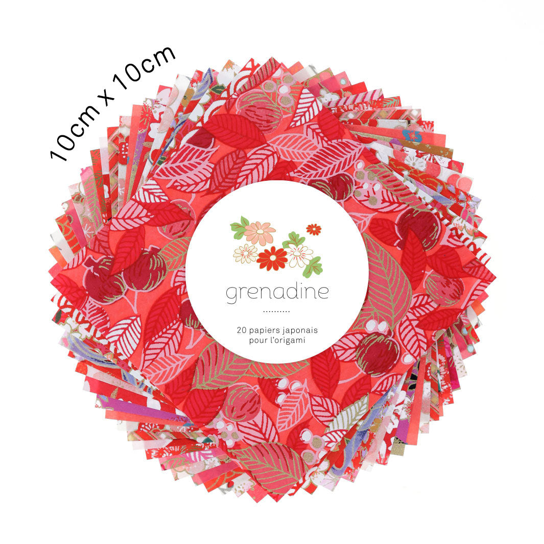 photo packshot du set de 7 carrés de papiers japonais adeline klam de 10cm par 10cm dans les tons rouges, rouge orangé et roses « grenadine »