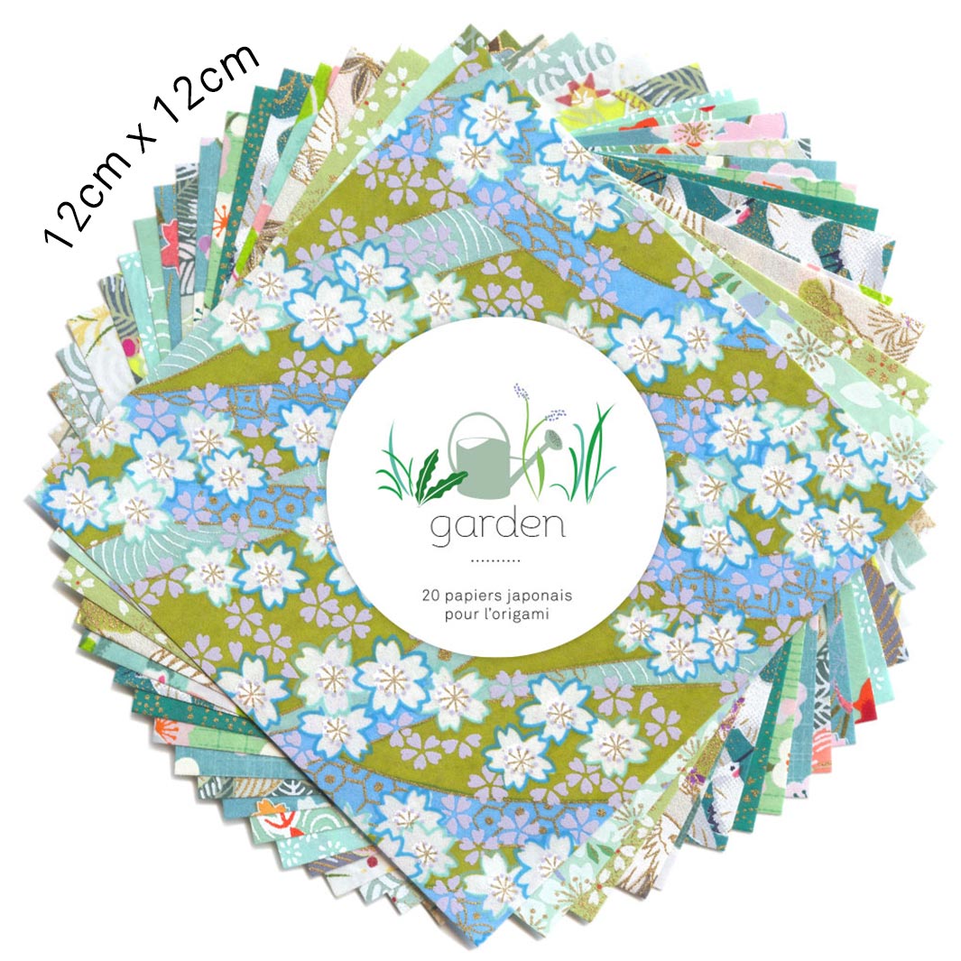 photo packshot du set de 7 carrés de papiers japonais adeline klam de 12cm par 12cm dans les tons vert clair et foncé, vert d'eau et menthe et bleu turquoise « garden »
