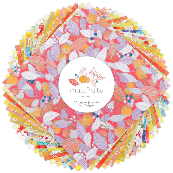 photo packshot du set de 7 carrés de papiers japonais adeline klam de 15cm par 15cm dans les tons jaunes, orange, rouges, roses et bleus « multifruits »