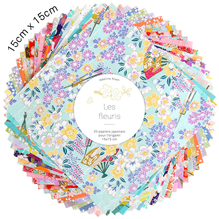 photo packshot du set de 20 carrés de papiers japonais adeline klam de 15cm par 15cm dans les tons multicolores « les fleuris »