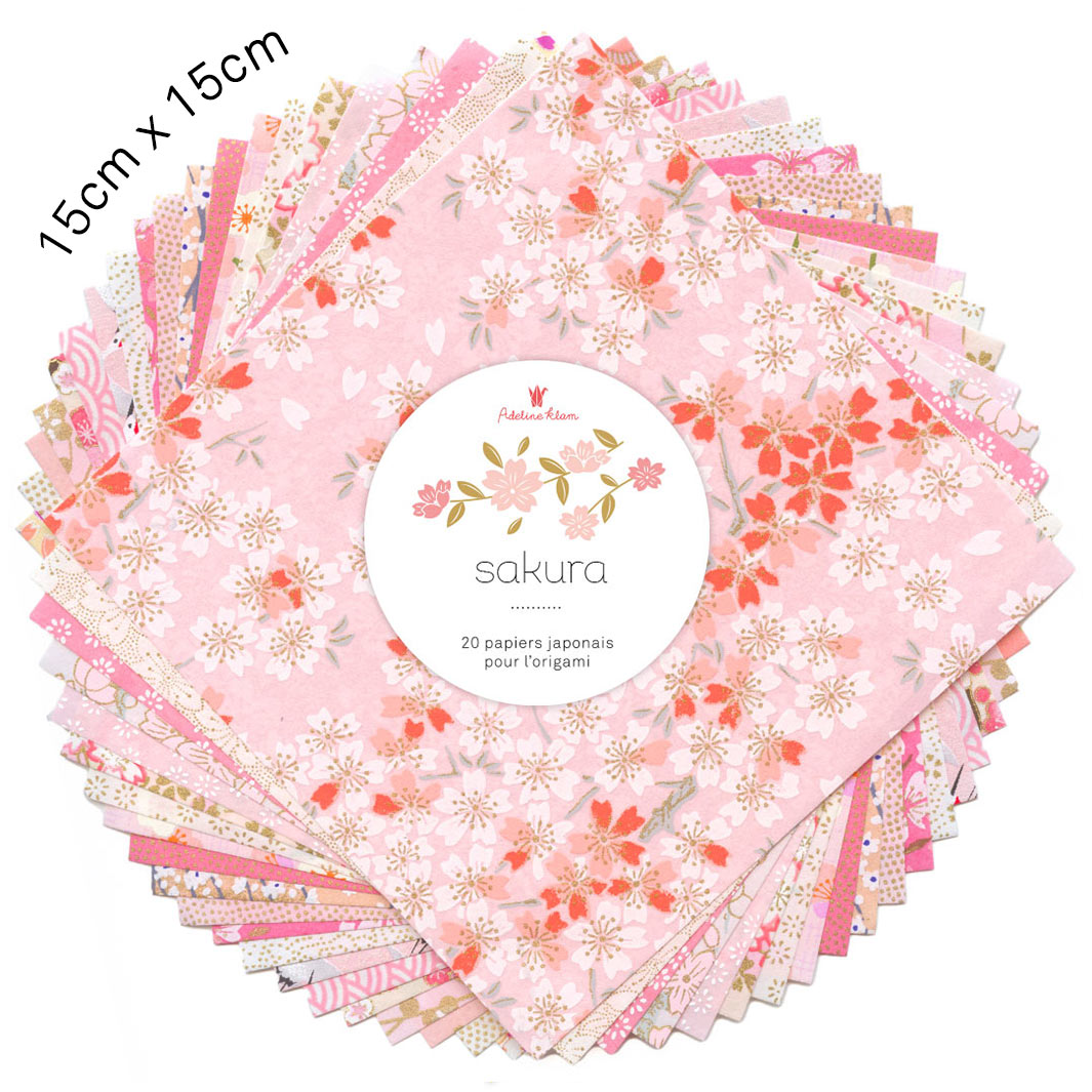 photo packshot du set de 7 carrés de papiers japonais adeline klam de 15cm par 15cm dans les tons rose clair et pâle, corail, blancs, crème et dorés « sakura »