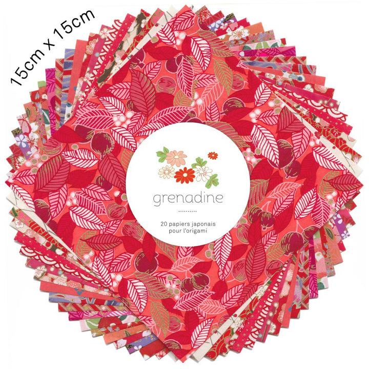 photo packshot du set de 7 carrés de papiers japonais adeline klam de 15cm par 15cm dans les tons rouges, rouge orangé et roses « grenadine »