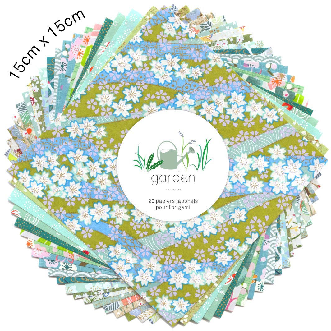 photo packshot du set de 7 carrés de papiers japonais adeline klam de 15cm par 15cm dans les tons vert clair et foncé, vert d'eau et menthe et bleu turquoise « garden »