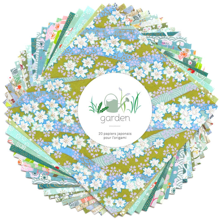 photo packshot du set de 7 carrés de papiers japonais adeline klam de 15cm par 15cm dans les tons vert clair et foncé, vert d'eau et menthe et bleu turquoise « garden »