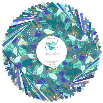 photo packshot du set « turquoise » de 20 papiers origami en 15cm par 15cm dans les tons bleu canard, vert d'eau, bleu nuit, turquoise et violet adeline klam
