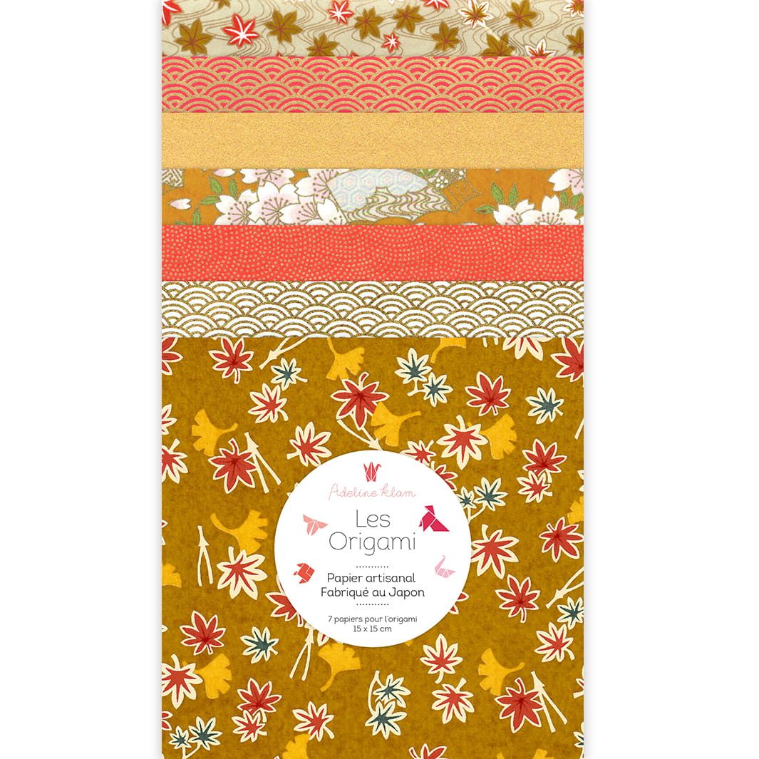 photo packshot du set de 7 carrés de papiers japonais adeline klam de 15cm par 15cm dans les tons jaune moutarde, rouge orange et dorés « automne » (A12) adeline klam