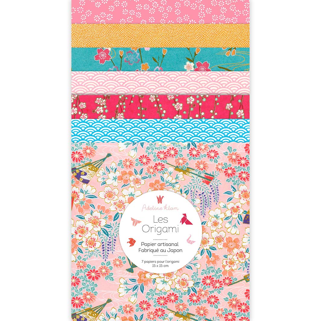 photo packshot du set de 7 carrés de papiers japonais adeline klam de 15cm par 15cm dans les tons roses, jaune orange et bleu turquoise « roudoudou » (A11)