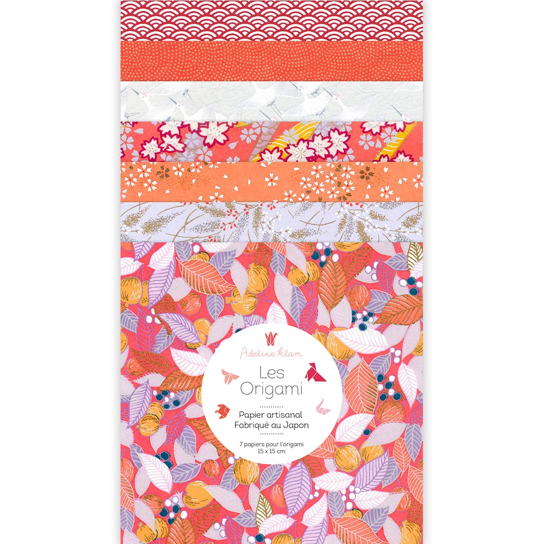 photo packshot du set de 7 carrés de papiers japonais adeline klam de 15cm par 15cm dans les tons rouges, corail, roses et gris perle « sangria » (A10)