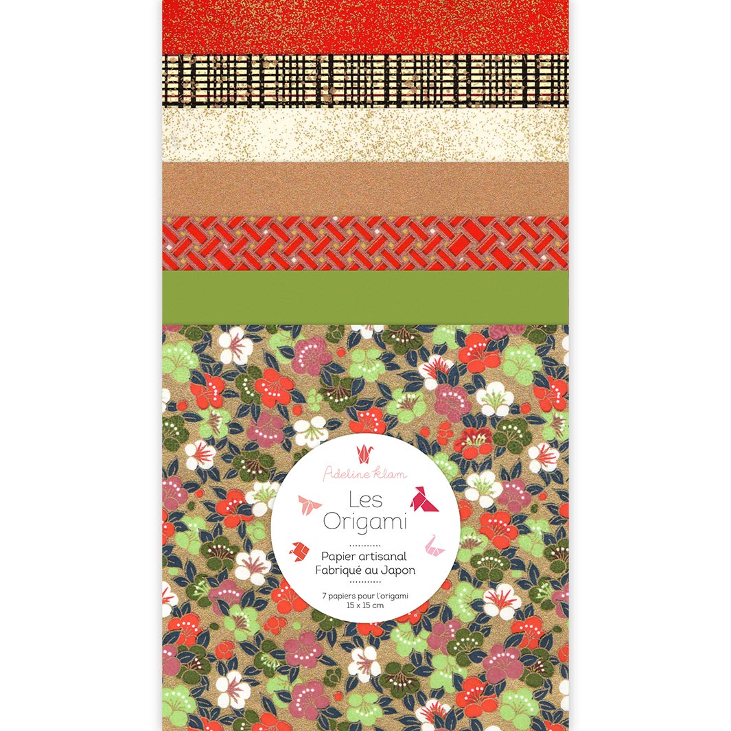 photo packshot du set de 7 carrés de papiers japonais adeline klam de 15cm par 15cm dans les tons rouges, dorés, verts et noirs « rétro » (N7) adeline klam