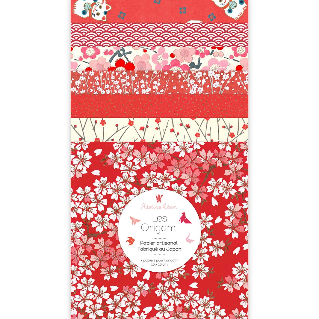 photo packshot du set de 7 carrés de papiers japonais adeline klam de 15cm par 15cm dans les tons rouges, roses et crème « amour » (C2)