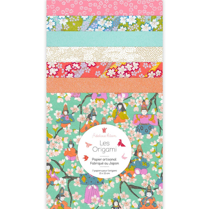 photo packshot du set de 7 carrés de papiers japonais adeline klam de 15cm par 15cm dans les tons vert menthe, roses, corail et orange « floraison » (K10) adeline klam