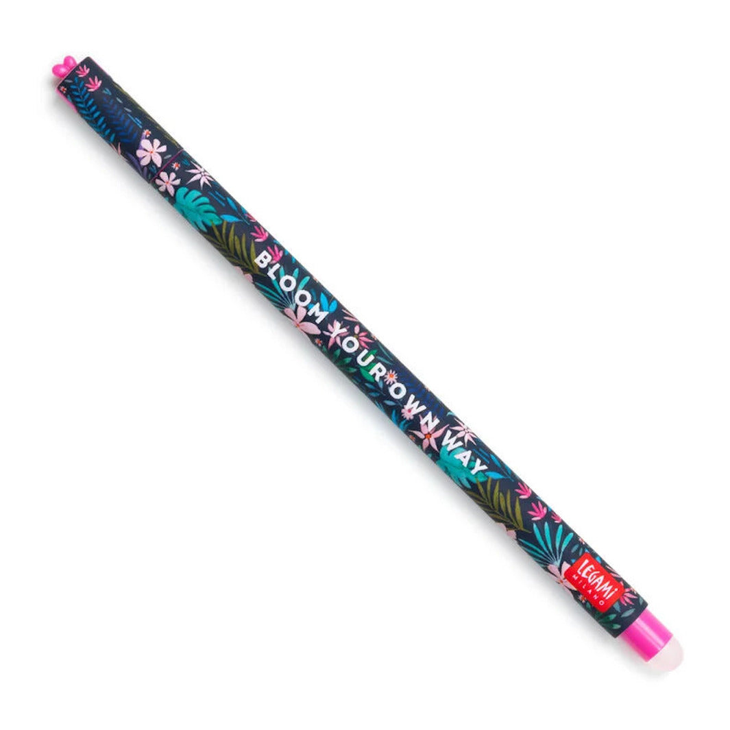 photo packshot du stylo gel effaçable aux motifs de fleurs et feuillages tropicaux et son pot de miel à l'encre turquoise et à la pointe 0,7mm legami