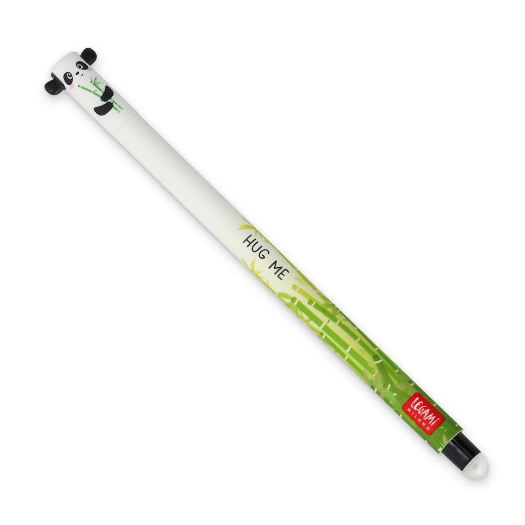 photo packshot du stylo gel effaçable en forme de panda noir, blanc et vert à l'encre noir et à la pointe 0,7mm legami