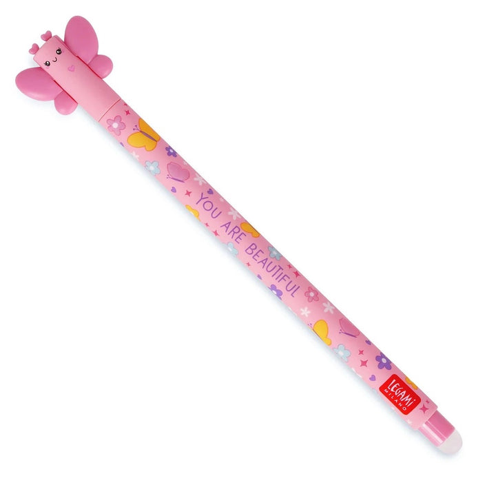 photo packshot du stylo gel effaçable en forme de papillon rose à l'encre rose et à la pointe 0,7mm legami