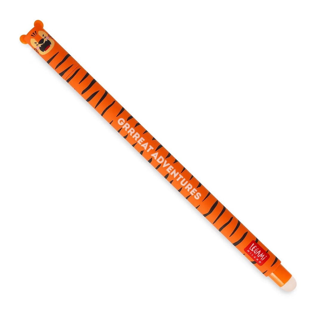 photo packshot du stylo gel effaçable en forme de tigre orange à l'encre orange et à la pointe 0,7mm legami