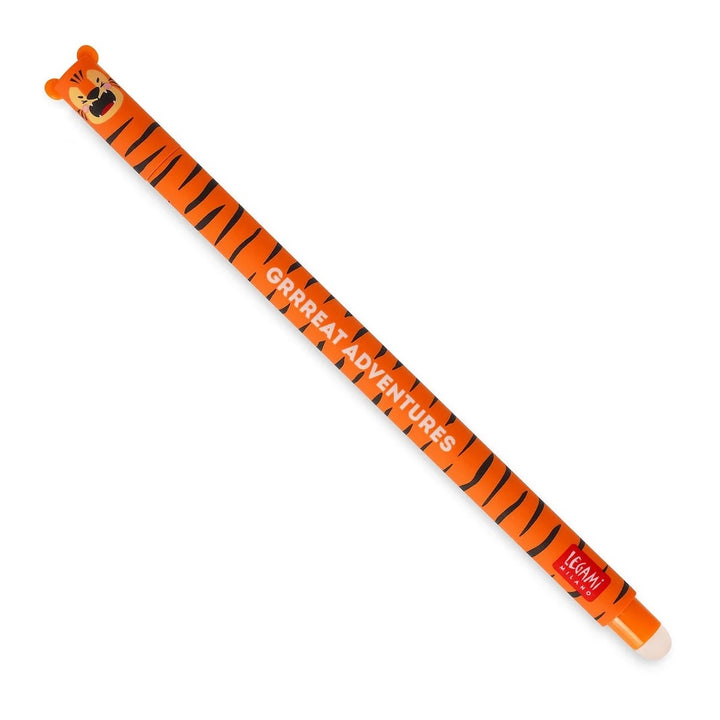 photo packshot du stylo gel effaçable en forme de tigre orange à l'encre orange et à la pointe 0,7mm legami
