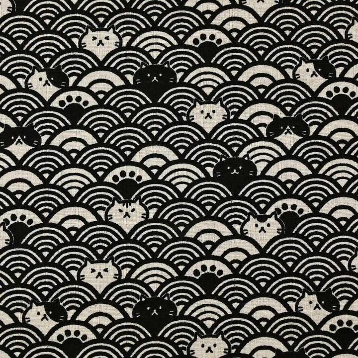 photo packshot du tissu japonais aux motifs de vagues et de chats dans les tons noirs et beige T550