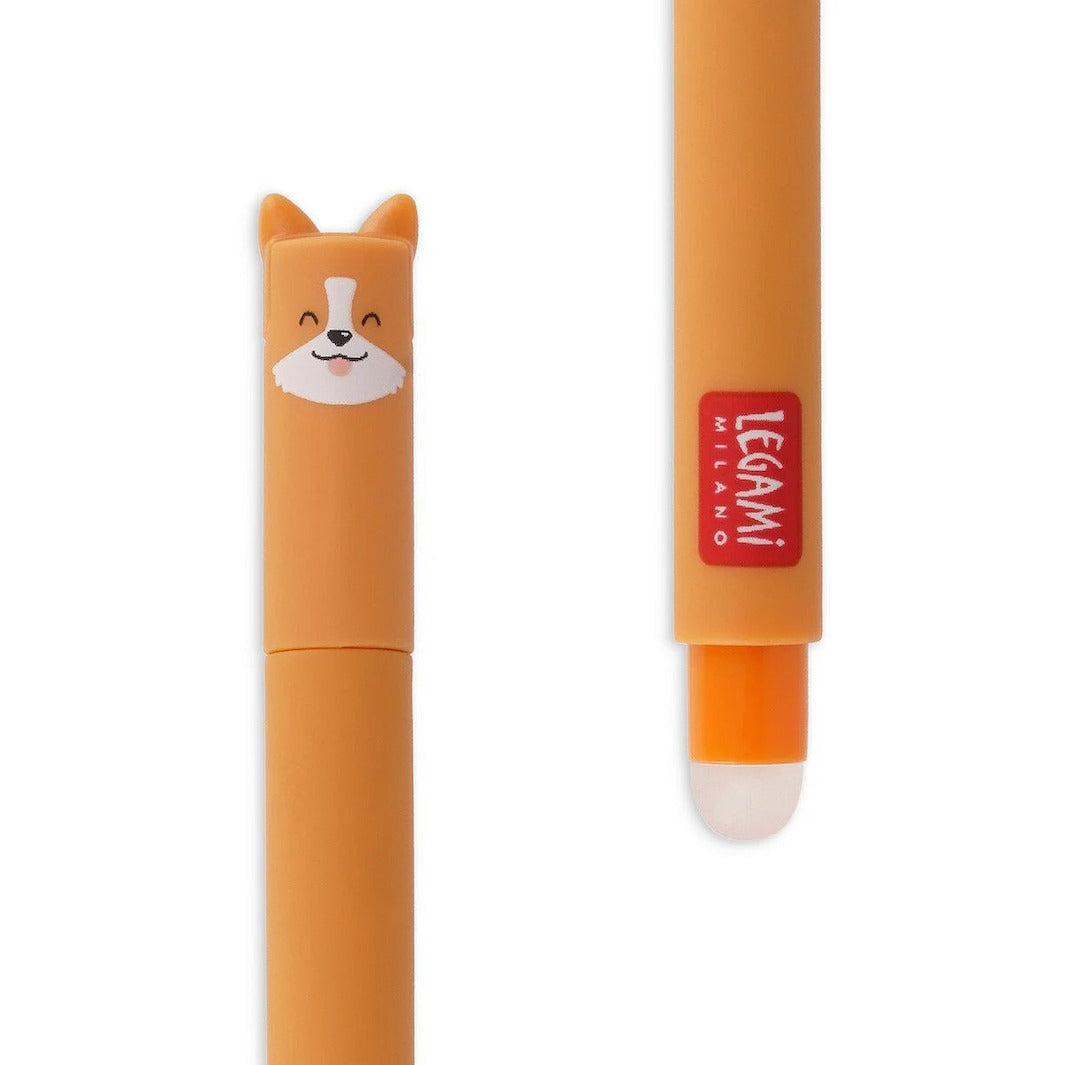 photo packshot zoomée du stylo gel effaçable en forme de welsh corgi orange à l'encre noire et à la pointe 0,7mm legami