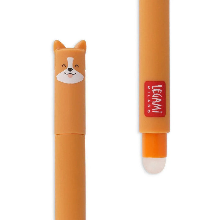 photo packshot zoomée du stylo gel effaçable en forme de welsh corgi orange à l'encre noire et à la pointe 0,7mm legami