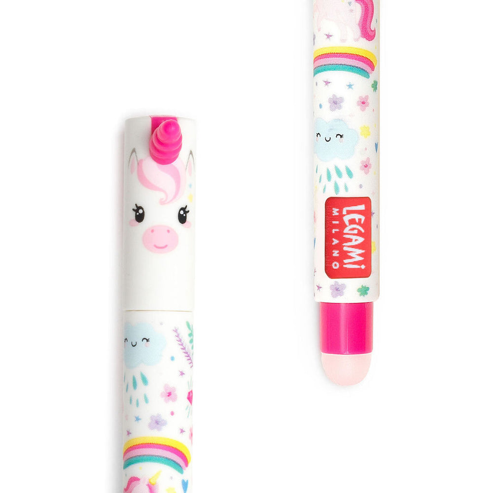 photo packshot zoomée du stylo gel effaçable en forme de licorne multicolore à l'encre rose et à la pointe 0,7mm legami