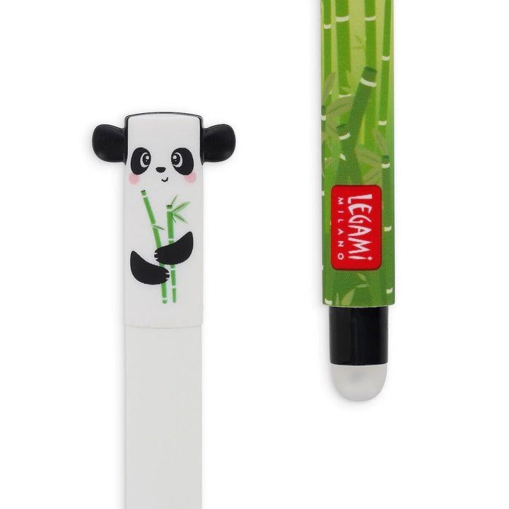 photo packshot zoomée du stylo gel effaçable en forme de panda noir, blanc et vert à l'encre noire et à la pointe 0,7mm legami