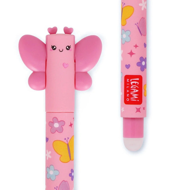 photo packshot zoomée du stylo gel effaçable en forme de papillon rose à l'encre rose et à la pointe 0,7mm legami