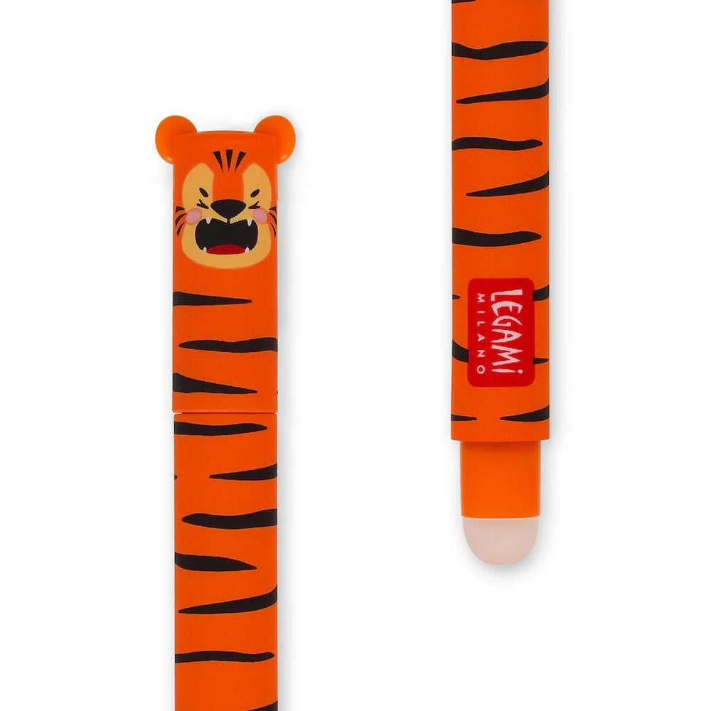photo packshot zoomée du stylo gel effaçable en forme de tigre orange à l'encre orange et à la pointe 0,7mm legami