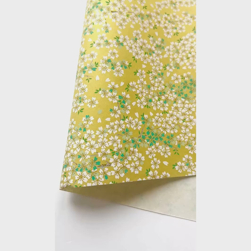 vidéo de démonstration du papier japonais yuzen chiyogami au motif de fleurs de cerisier dans les tons jaune moutarde, vert d'eau et bleu turquoise adeline klam (M578)